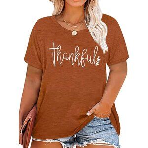 Plus Size Thanksgiving T-Shirt Women Thankful Letter Print Short Sleeve Casual